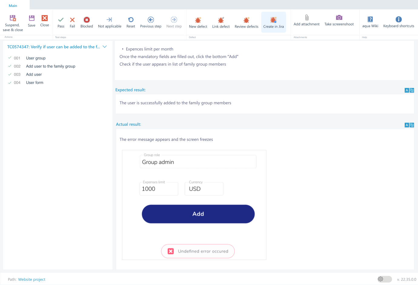 Run aqua test cases while tracking defects in Jira